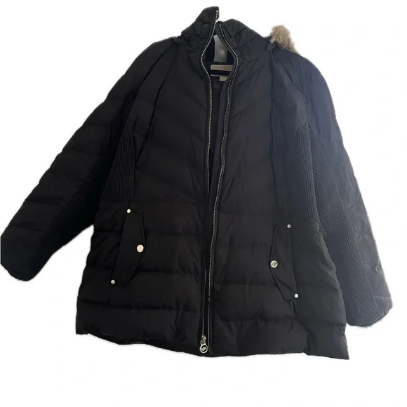 Michael Kors Women Down Coat Puffer Faux Fur Trim Hooded Plus 1X Black Gold - Picture 3 of 11